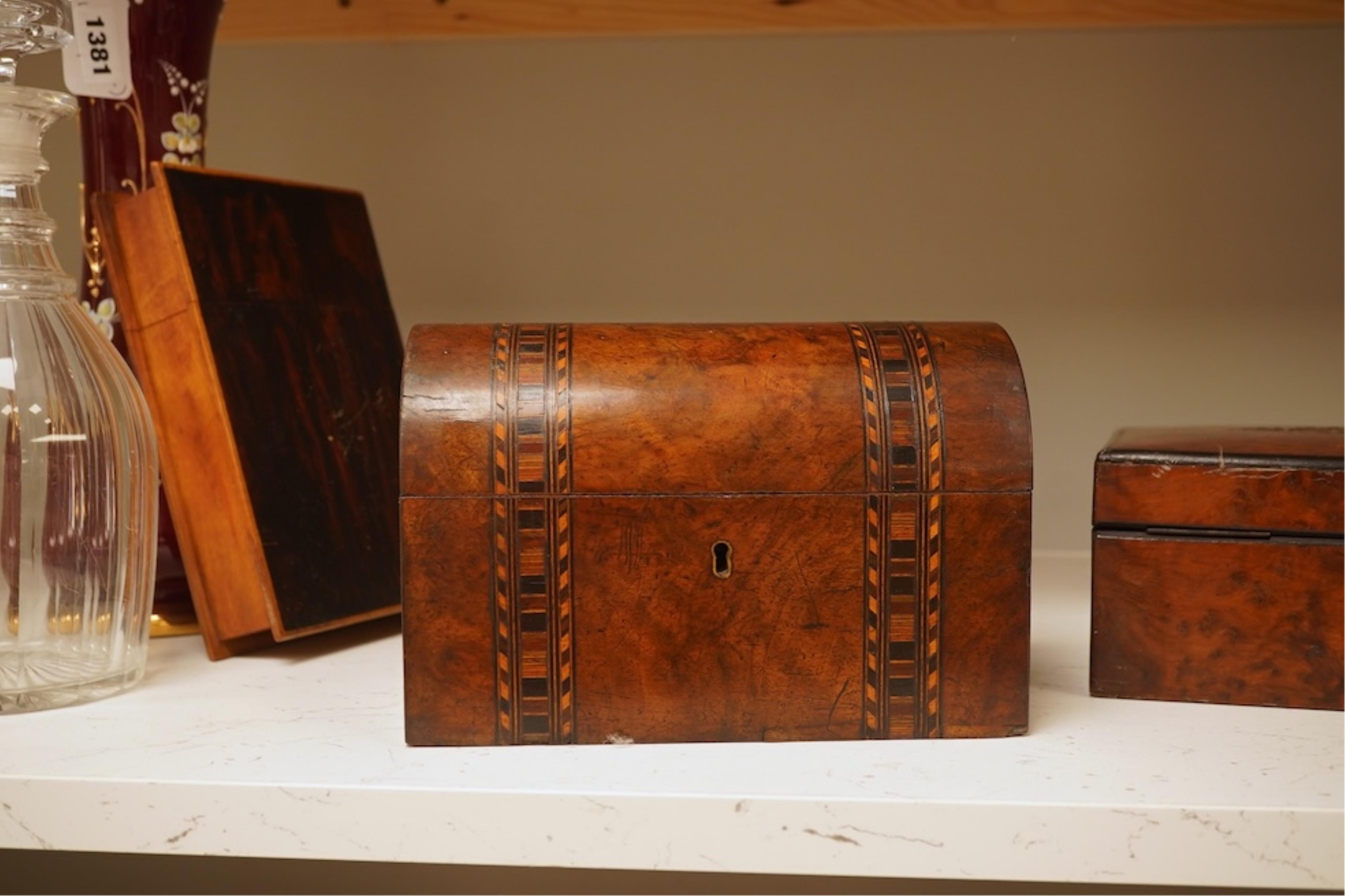 A 19th century French thuya box, Victorian tea caddy and an Art Nouveau book-shaped box, largest 20cm high